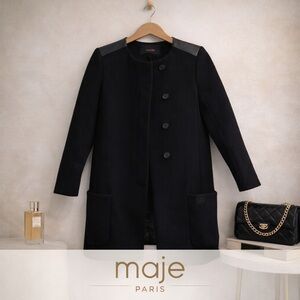 Maje Paris Wool Cashmere Coat Black Leather Shoulder Panels Size 36